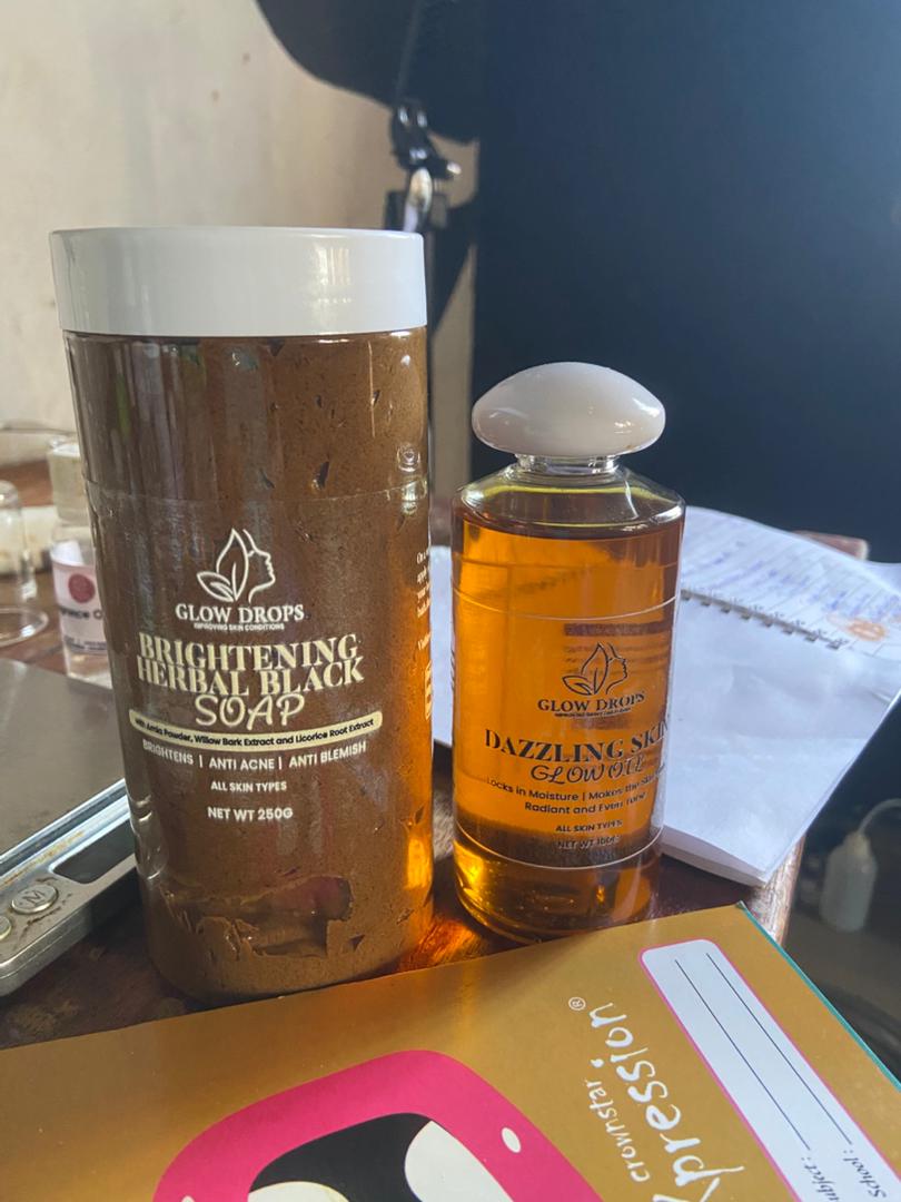 Glow Drops Brightening Herbal Black Soap + Dazzling Skin Glow Oil Set (Anti-Acne & Radiant Skin Combo)